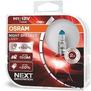 Автолампа галогенна Osram Night Laser +150% / H1 / 55W / 12V / 2 шт 64150 NL-BOX фото