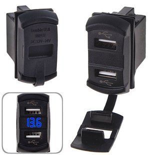 Автомобильное зарядное устройство 2 USB 12-24V врезное + вольтметр (10258 USB-12-24V 2,1A BLU) 10258 USB-12-24V 2,1A BLU фото