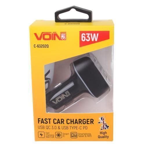 Автомобільний зарядний пристрій VOIN 63W, 1USB QC3.0 18W + 1PD 45W, 12/24V (C-63202Q) C-63202Q фото
