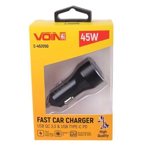 Автомобильное зарядное устройство VOIN 45W, 1USB QC3.0 18W + 1PD 27W, 12/24V (C-45205Q) C-45205Q фото