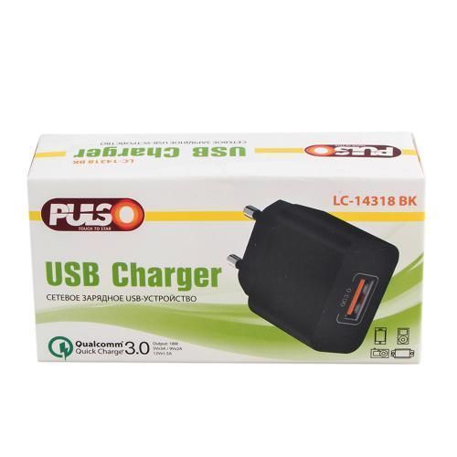 Мережевий зарядний пристрій PULSO 18W, 1 USB, QC3.0 (5V*3A/9V*2A/12V*1.5 A) (LC-14318 BK) LC-14318 BK фото