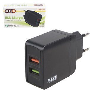 Мережевий зарядний пристрій PULSO 28W, 2 USB, QC3.0 (Port 1-5V*3A/9V*2A/12V*1.5 A. Port 2-5V2A) (LC-2 LC-24428 BK фото