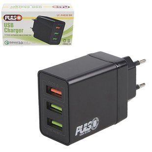 Мережевий зарядний пристрій PULSO 30W, 3 USB, QC3.0 (Port 1-5V*3A/9V*2A/12V*1.5 A. Port 2/3-5V2.4A) ( LC-34830 BK фото