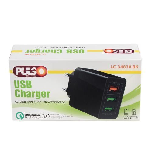 Сетевое зарядное устройство PULSO 30W, 3 USB, QC3.0 (Port 1-5V*3A/9V*2A/12V*1.5A. Port 2/3-5V2.4A) ( LC-34830 BK фото