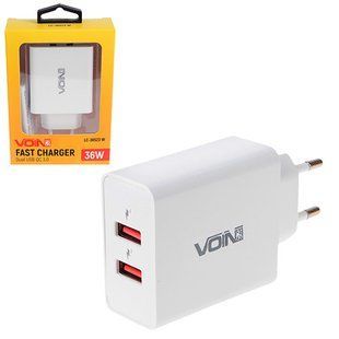 Мережевий зарядний пристрій VOIN 36W, 2USB QC3.0 (3.6 V-6.5 V*3A, 6.5 V-9V*2A, 9V-12V*1.5 A) (LC-36523 LC-36523 W фото